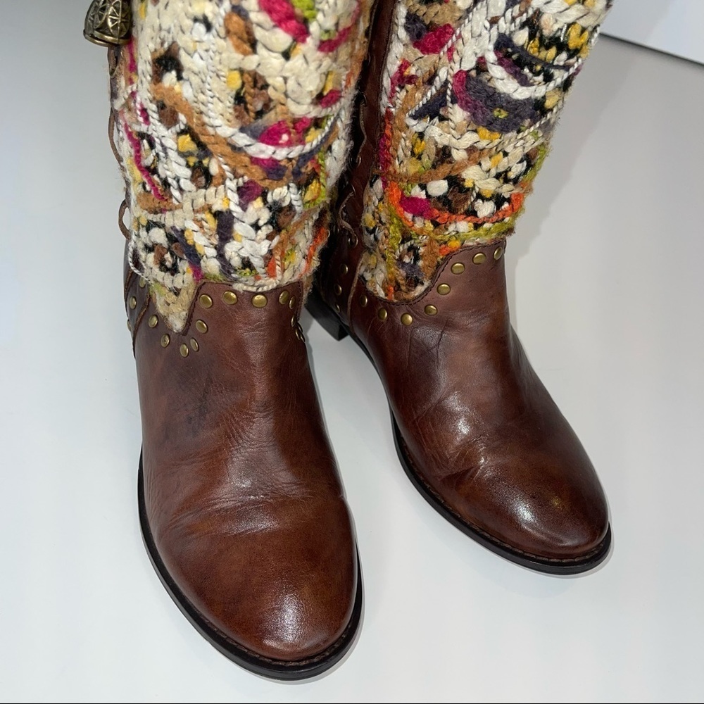 Spring Step Tapestry Woven Mid Calf Boho Western Boot Brown Leather - Picture 15 of 17